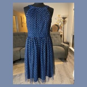 Candlelite Petite Metallic Dot Mesh Midi Dress | PL | Navy Fit & Flare
